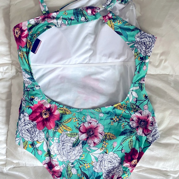 NWT Apt 9 pink floral Swimsuit with open back strappy detail teal background. - Picture 3 of 3